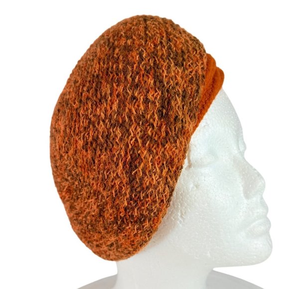Everett Original Knitted Beret Hat VTG 70s Orange Brown Textured Wool Bow Retro - Picture 8 of 13
